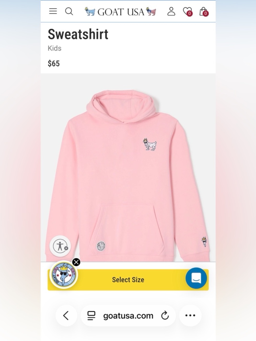 GOAT USA Kids' Pink Hoodie Sweatshirt, youth size XL
